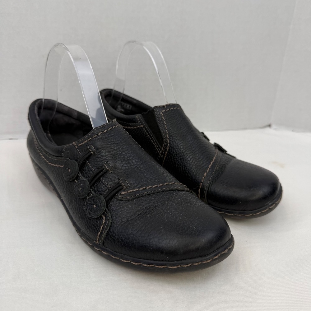 Clarks Collection Black Leather Button Loafers Slip On Shoes Womens 8.5 M